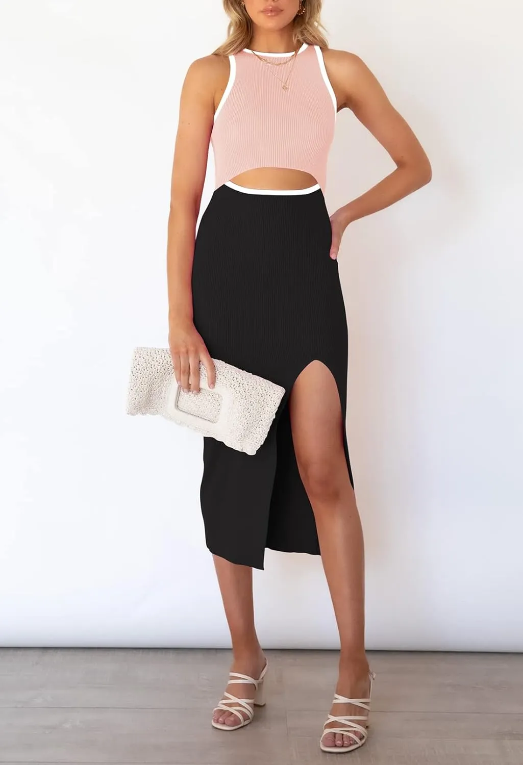 Pink Queen Women's Cutout Crew Neck Sleeveless Tank Slit Ribbed Bodycon Midi Dresses