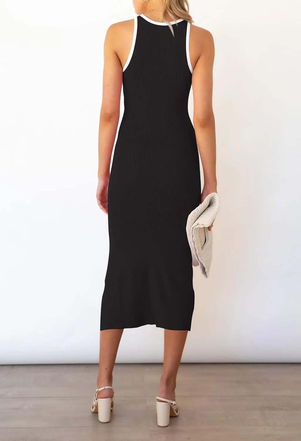Pink Queen Women's Cutout Crew Neck Sleeveless Tank Slit Ribbed Bodycon Midi Dresses