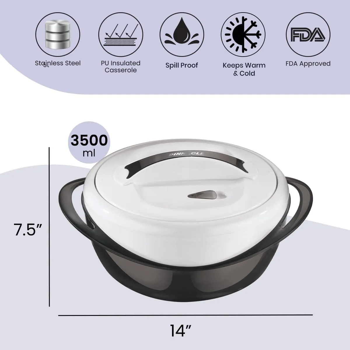 Pinnacle Large Insulated Casserole Dish with Lid 3.6 qt. Elegant Hot Pot Food Warmer/Cooler -Thermal Soup/Salad Serving Bowl Stainless Steel Hot Food Container–Best Gift Set for Moms