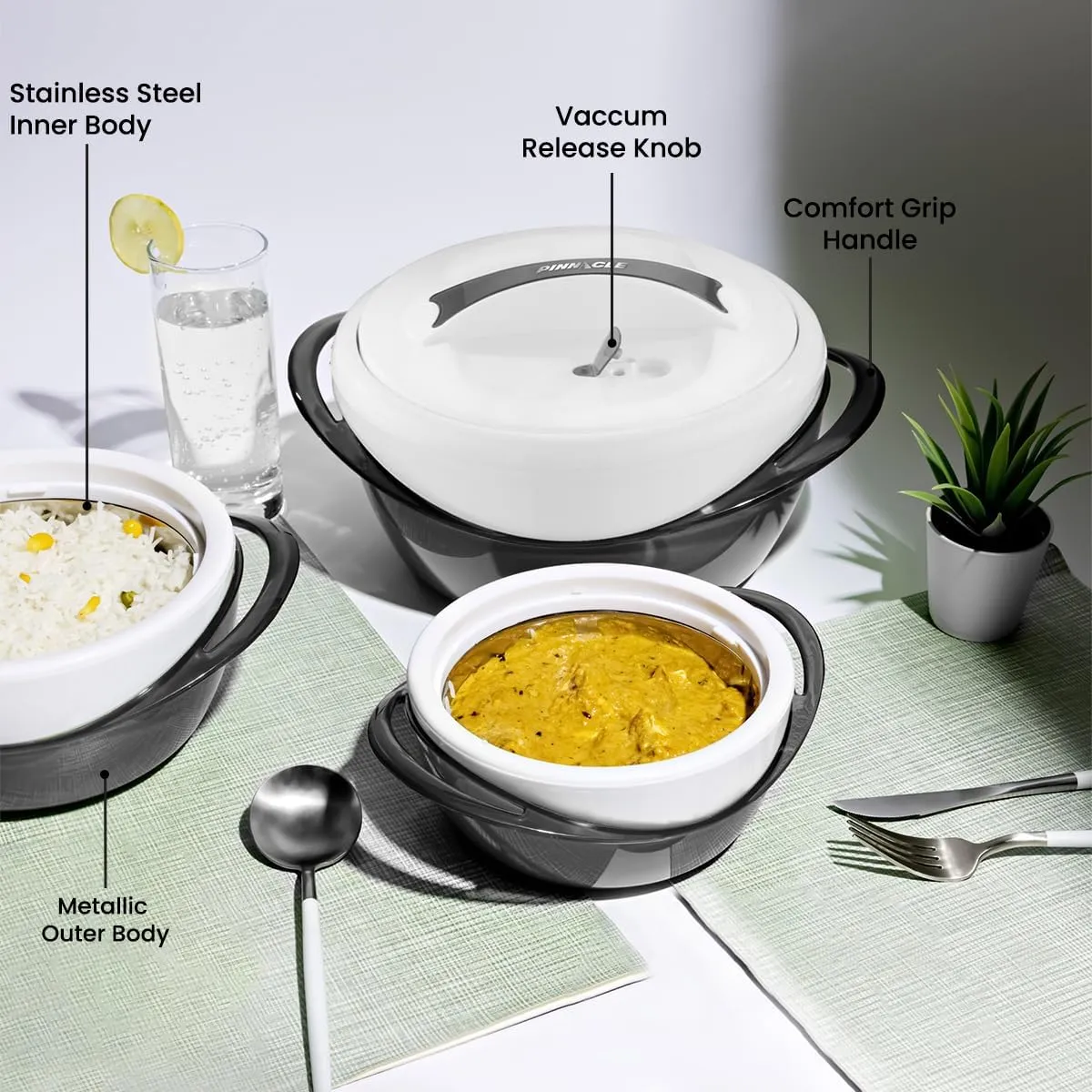 Pinnacle Large Insulated Casserole Dish with Lid 3.6 qt. Elegant Hot Pot Food Warmer/Cooler -Thermal Soup/Salad Serving Bowl Stainless Steel Hot Food Container–Best Gift Set for Moms