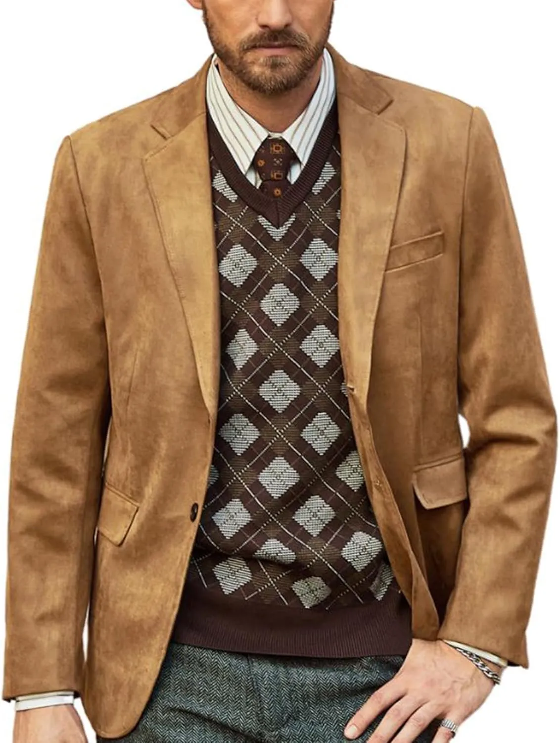 PJ PAUL JONES Mens Blazer Jacket Faux Leather Suit Jacket Casual 2 Buttons Suede Sport Blazer Coat with Pockets