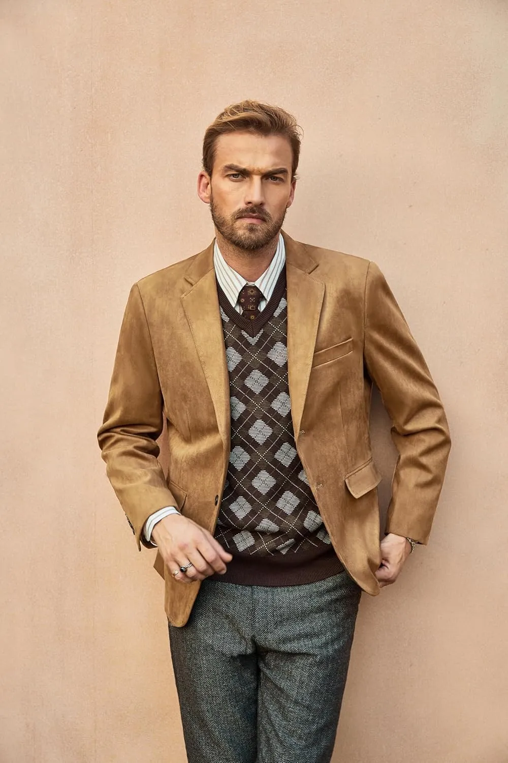PJ PAUL JONES Mens Blazer Jacket Faux Leather Suit Jacket Casual 2 Buttons Suede Sport Blazer Coat with Pockets
