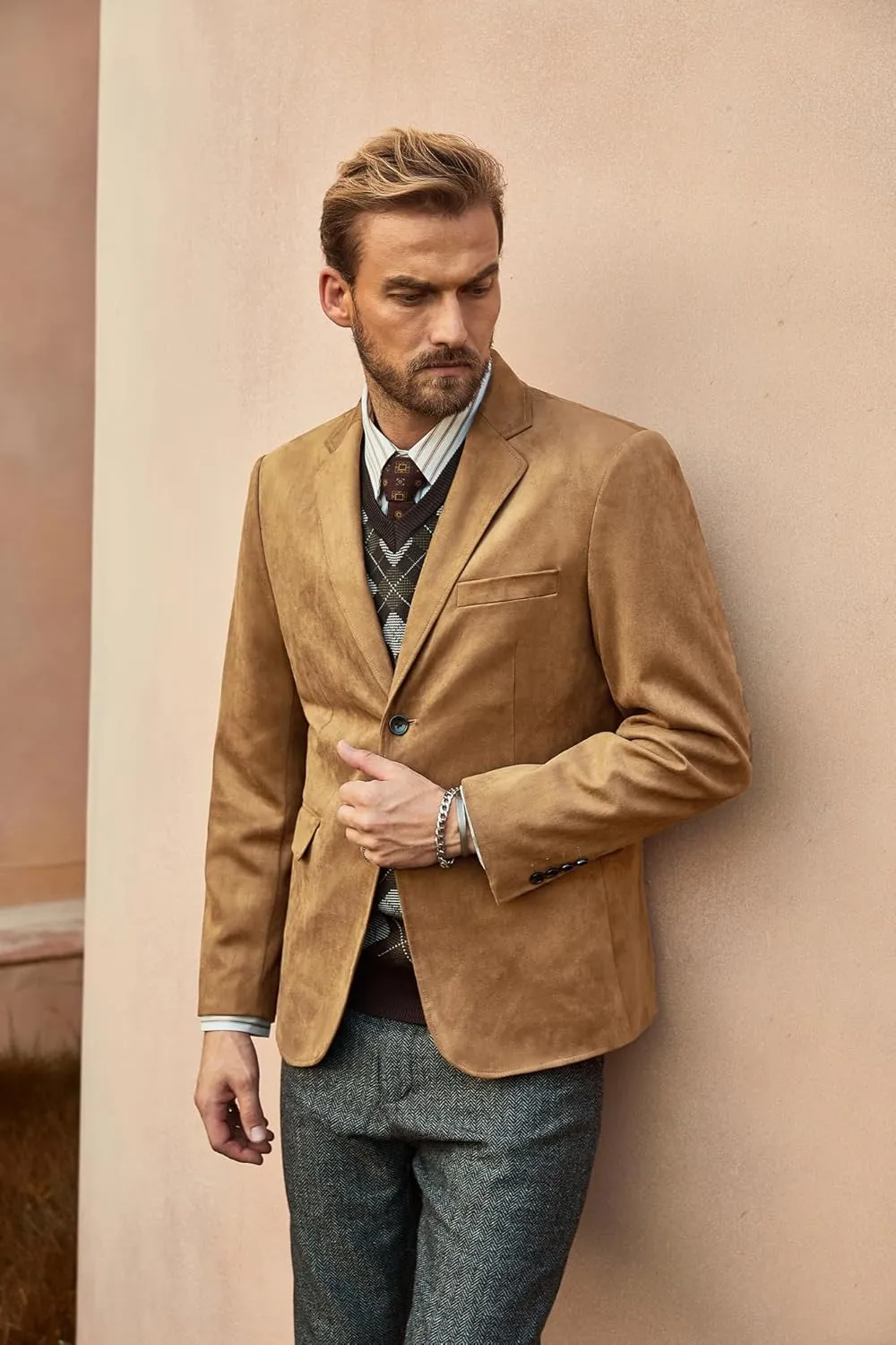 PJ PAUL JONES Mens Blazer Jacket Faux Leather Suit Jacket Casual 2 Buttons Suede Sport Blazer Coat with Pockets