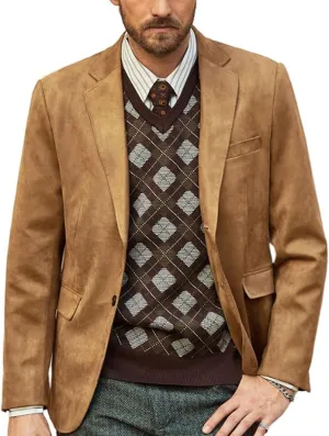 PJ PAUL JONES Mens Blazer Jacket Faux Leather Suit Jacket Casual 2 Buttons Suede Sport Blazer Coat with Pockets