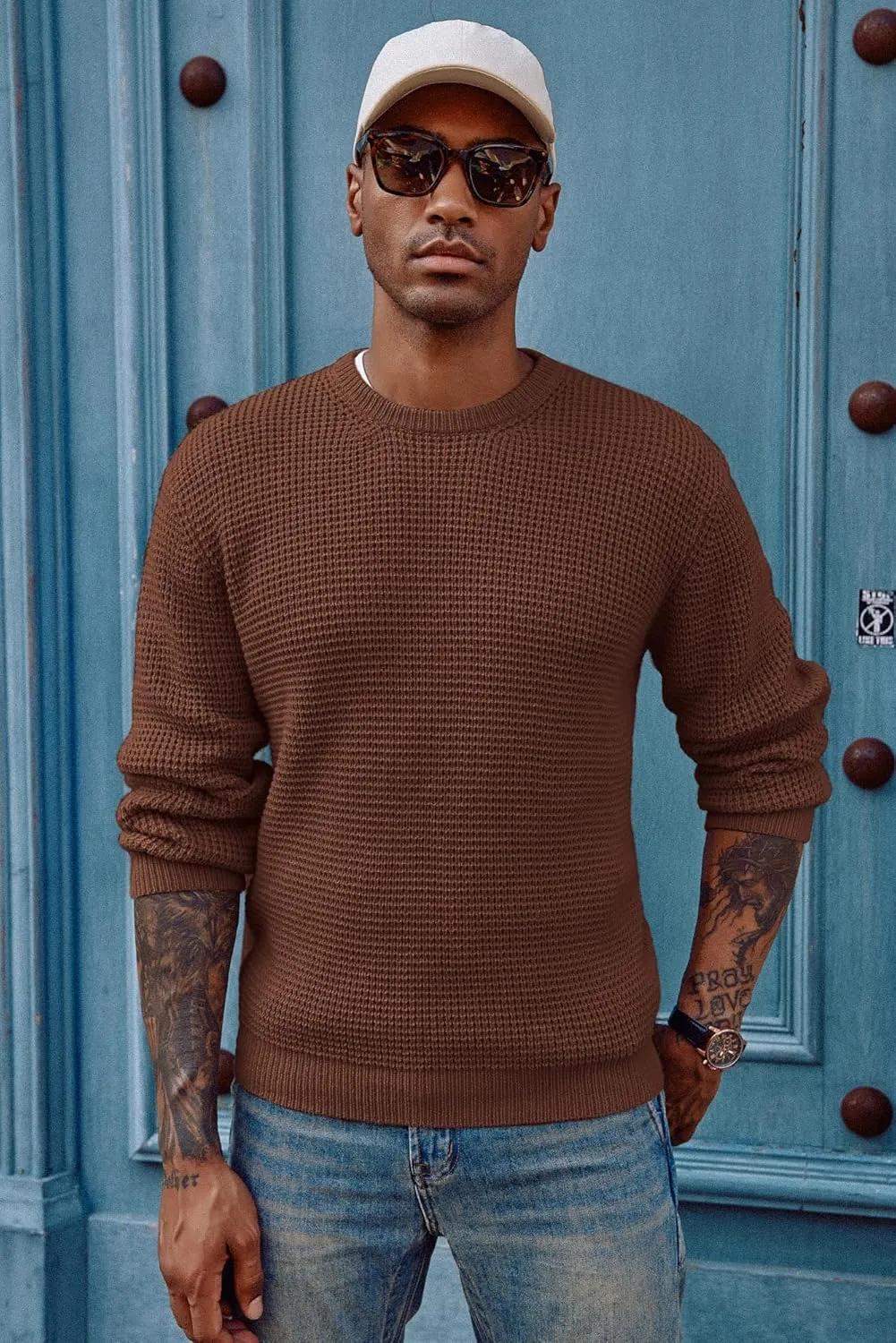 PJ PAUL JONES Mens Crewneck Pullover Sweater Waffle Textured Long Sleeve Knitted Sweaters