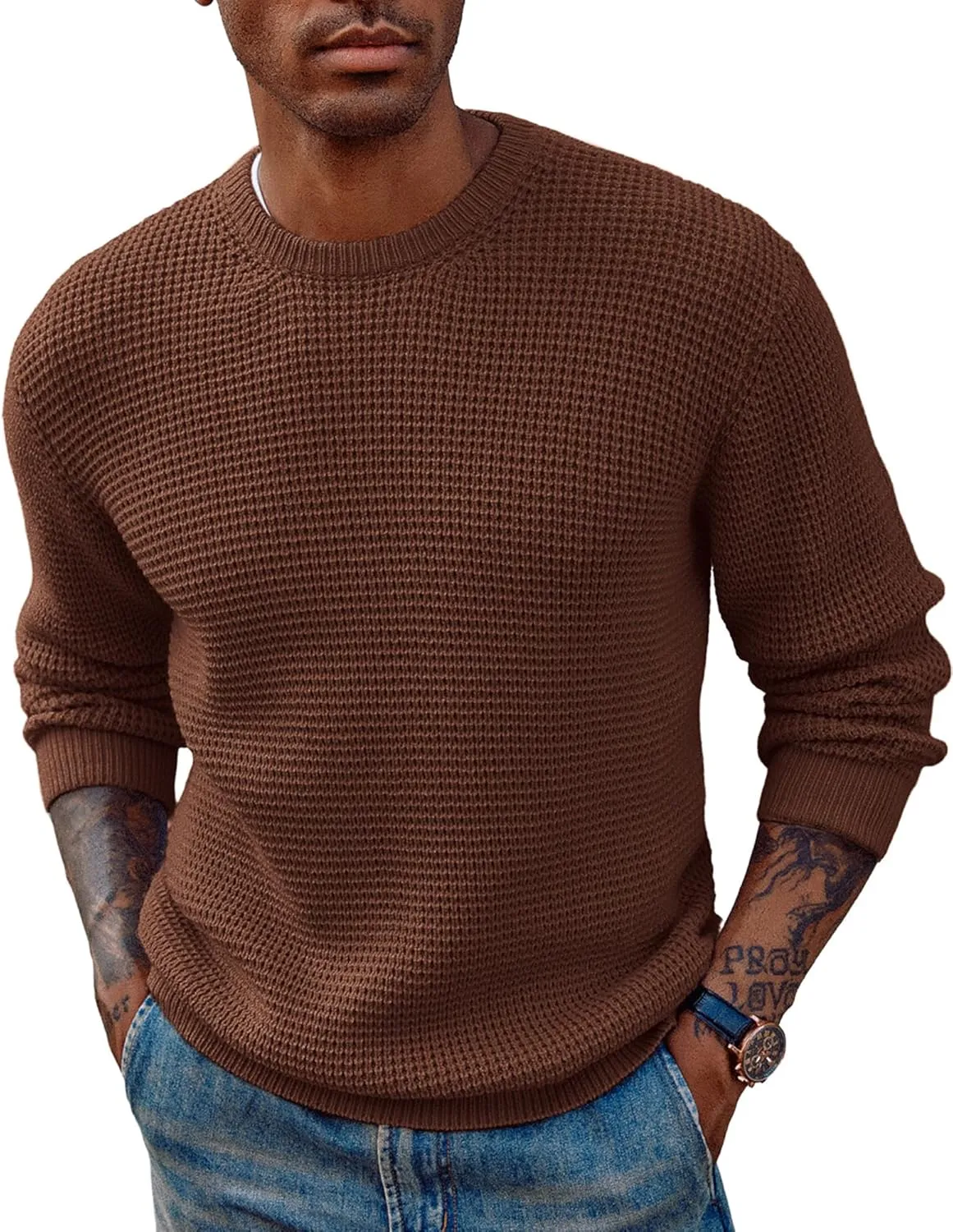 PJ PAUL JONES Mens Crewneck Pullover Sweater Waffle Textured Long Sleeve Knitted Sweaters