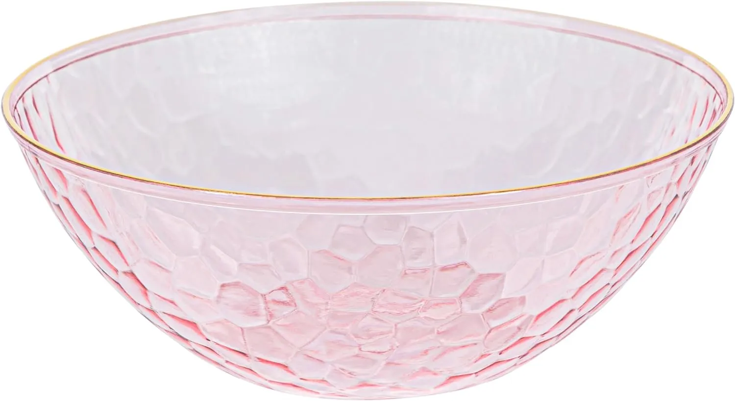 PLASTICPRO 30 Pack 12 Ounce Hammered Plastic Bowls Translucent Pink with Gold Rim Heavyweight Disposable Plastic Soup Bowls Elegant Translucent Hammered Gold Rim Platsic Party Dishes