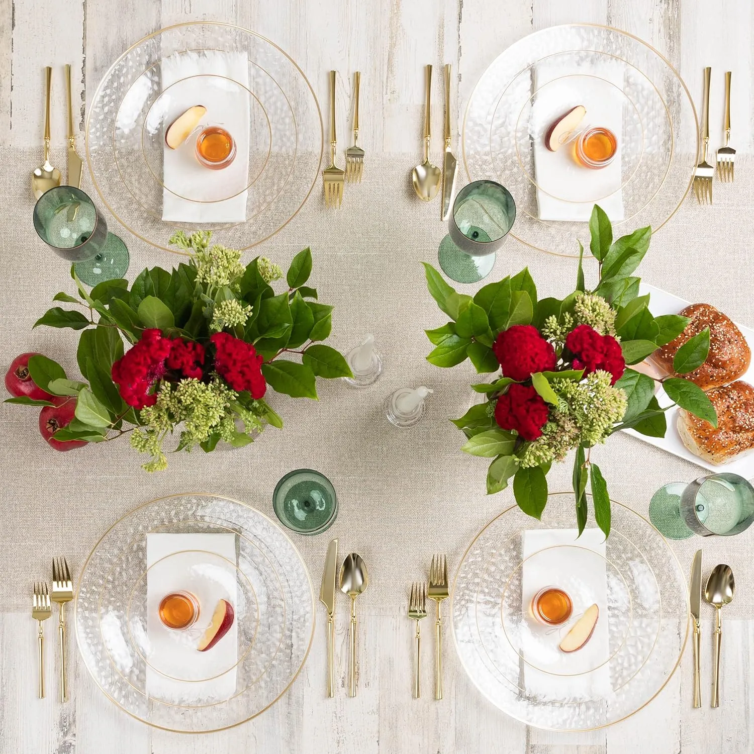 PLASTICPRO 30 Pack Hammered Plastic Plates Heavyweight Disposable Plastic Plates Elegant Clear Hammered Rim Platsic Party Dishes (Hamered Clear With Gold Rim, 7'' INCH PLATES)