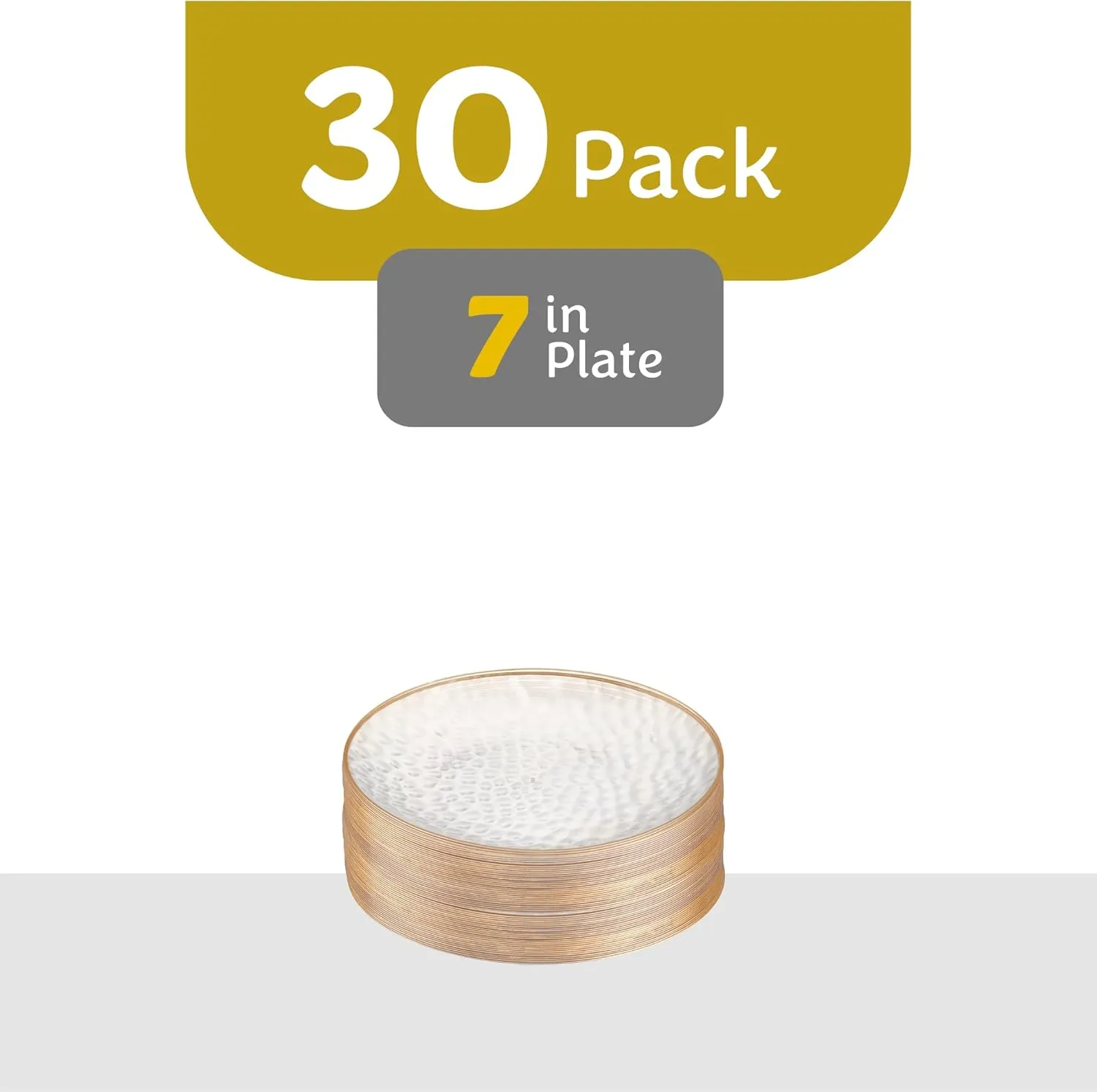PLASTICPRO 30 Pack Hammered Plastic Plates Heavyweight Disposable Plastic Plates Elegant Clear Hammered Rim Platsic Party Dishes (Hamered Clear With Gold Rim, 7'' INCH PLATES)