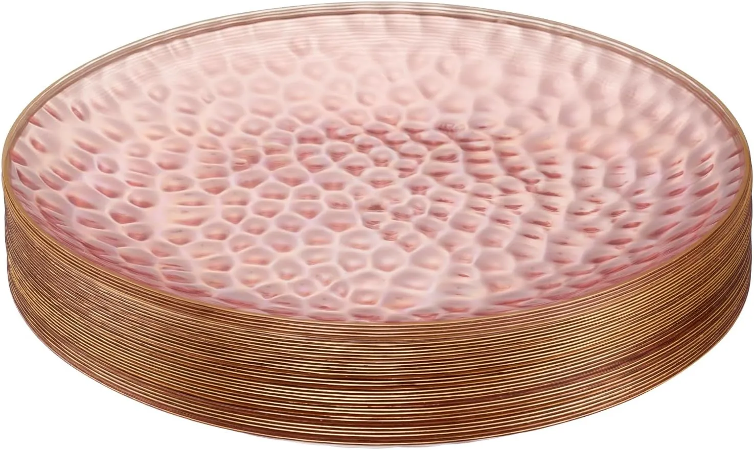 PLASTICPRO 30 Pack Hammered Plastic Plates Heavyweight Disposable Plastic Plates Elegant Clear Rim Platsic Party Dishes (Hammered Pink With Gold Rim, 7'' INCH PLATES)