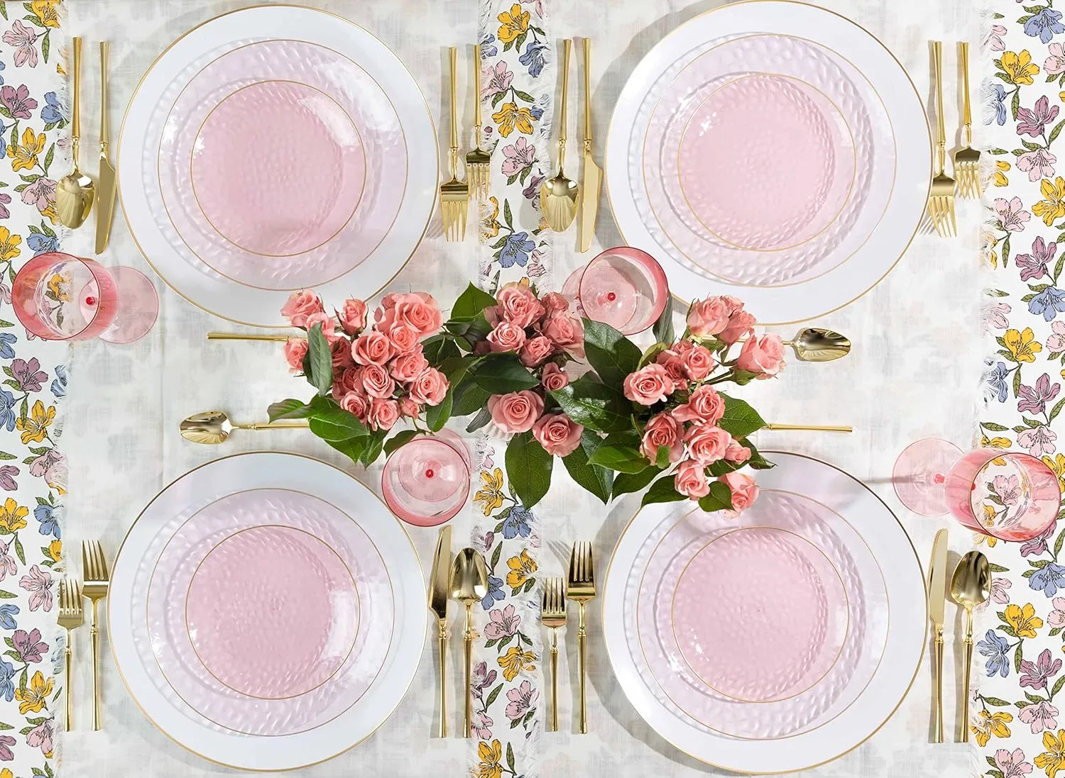 PLASTICPRO 30 Pack Hammered Plastic Plates Heavyweight Disposable Plastic Plates Elegant Clear Rim Platsic Party Dishes (Hammered Pink With Gold Rim, 7'' INCH PLATES)