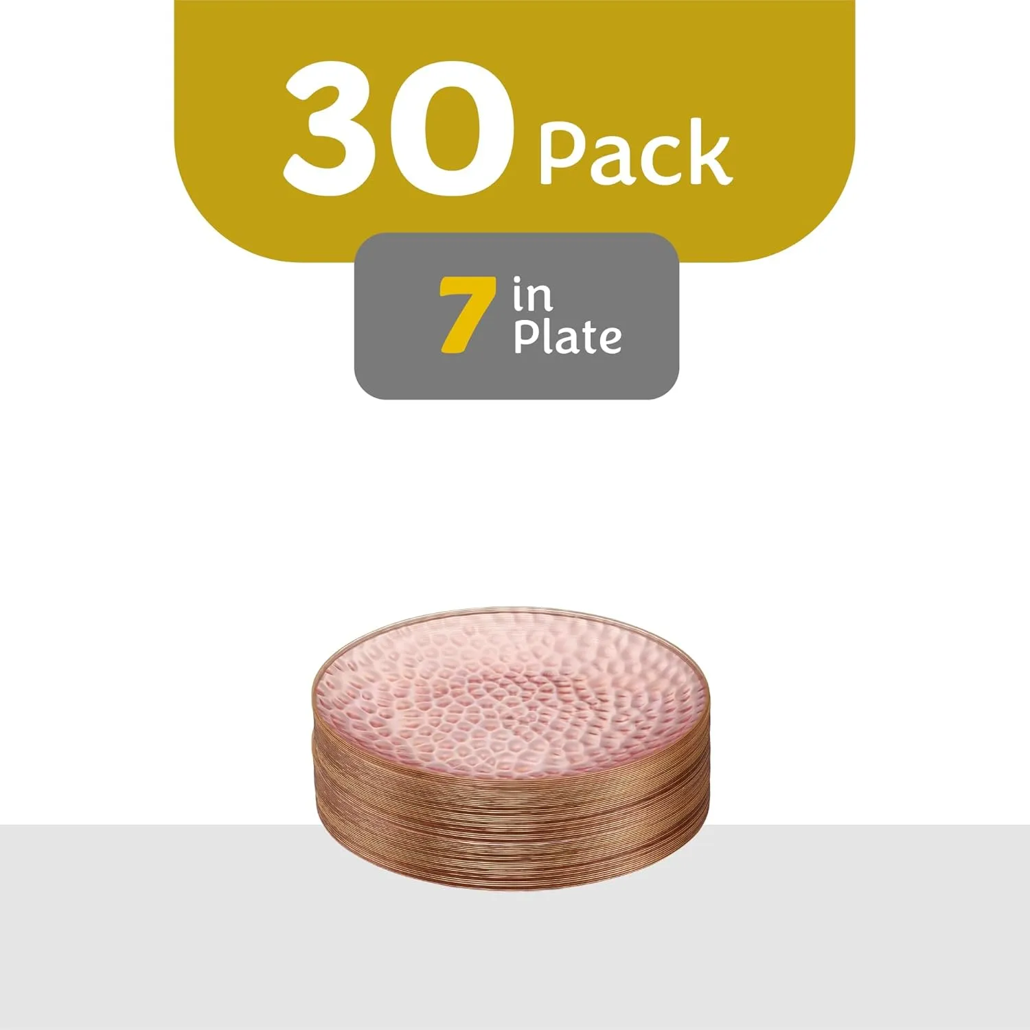 PLASTICPRO 30 Pack Hammered Plastic Plates Heavyweight Disposable Plastic Plates Elegant Clear Rim Platsic Party Dishes (Hammered Pink With Gold Rim, 7'' INCH PLATES)
