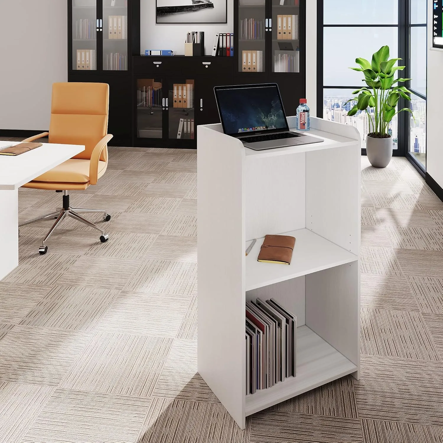 Podium Stand Portable with Wheels, floor stand for church, meeting, debate with large storage area (white)