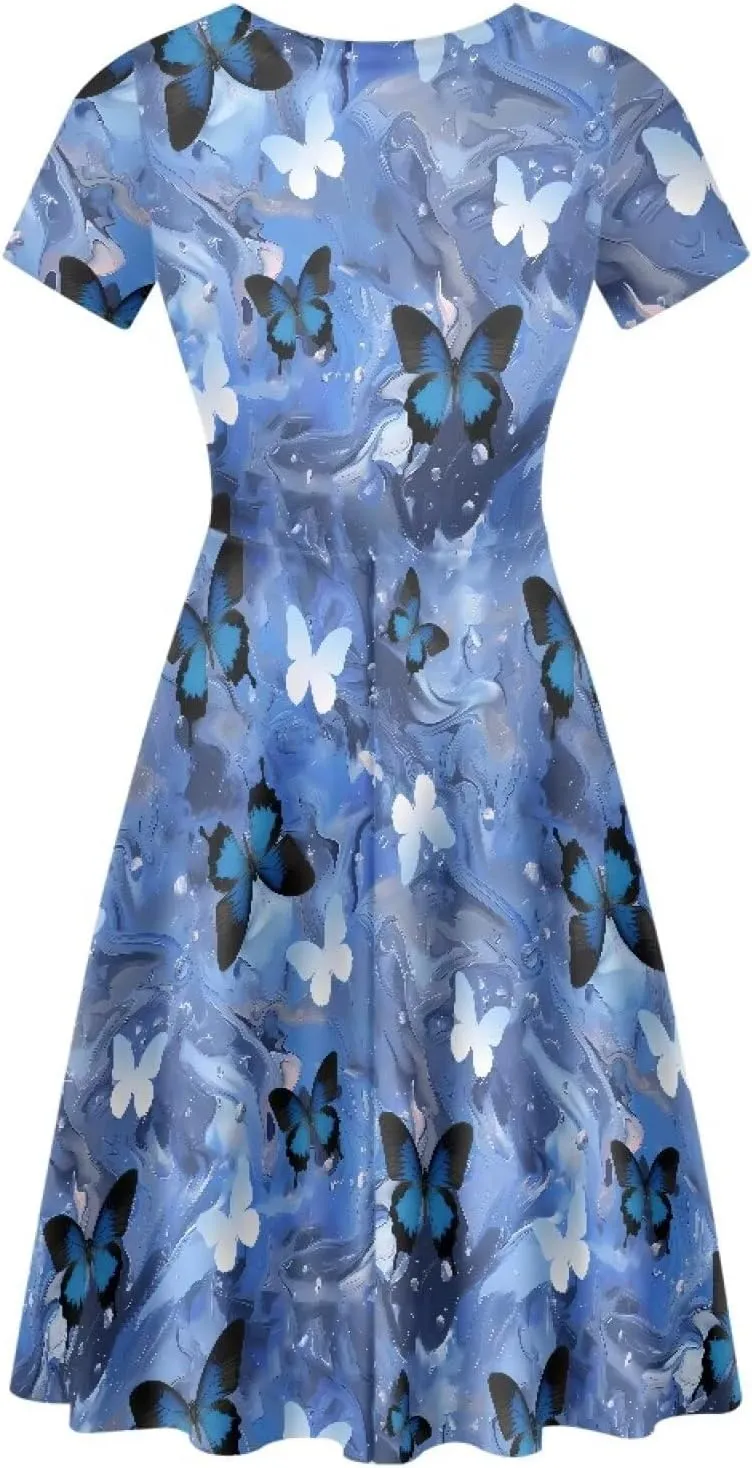 POLERO Women Puffy Swing Elegant Party Midi Dresses Short Sleeve Round Neck A-Line Dress