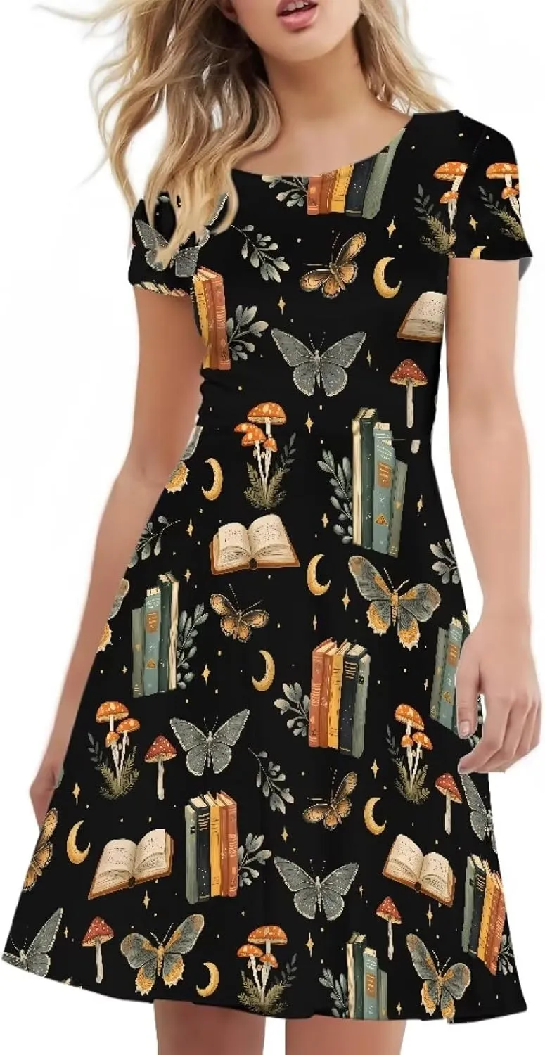 POLERO Women Puffy Swing Elegant Party Midi Dresses Short Sleeve Round Neck A-Line Dress