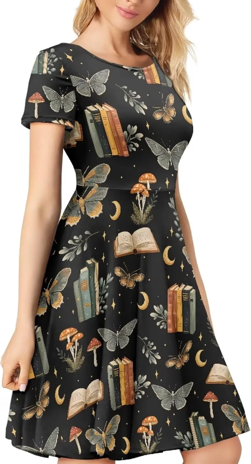 POLERO Women Puffy Swing Elegant Party Midi Dresses Short Sleeve Round Neck A-Line Dress