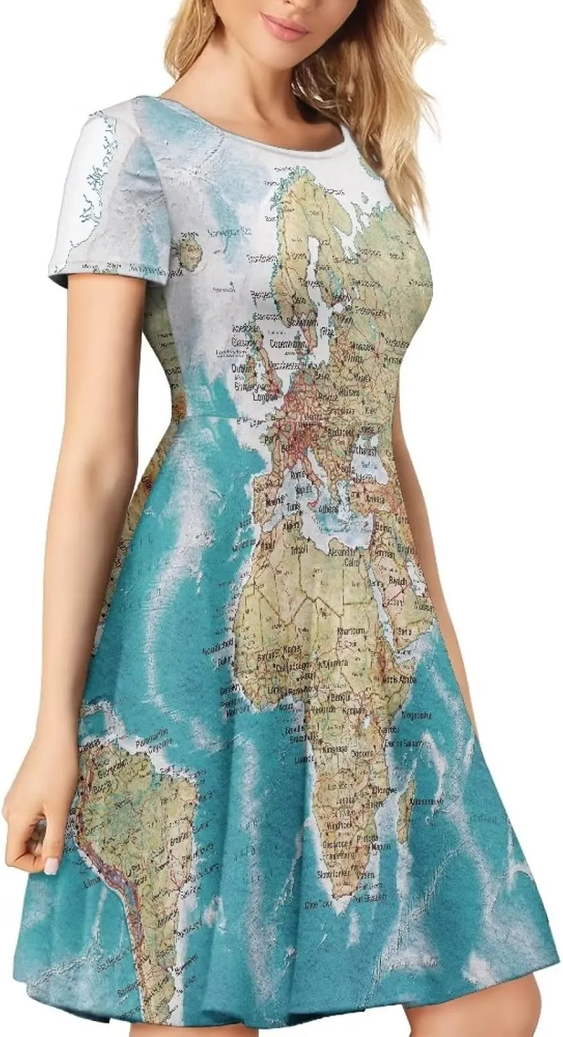 POLERO Women Puffy Swing Elegant Party Midi Dresses Short Sleeve Round Neck A-Line Dress
