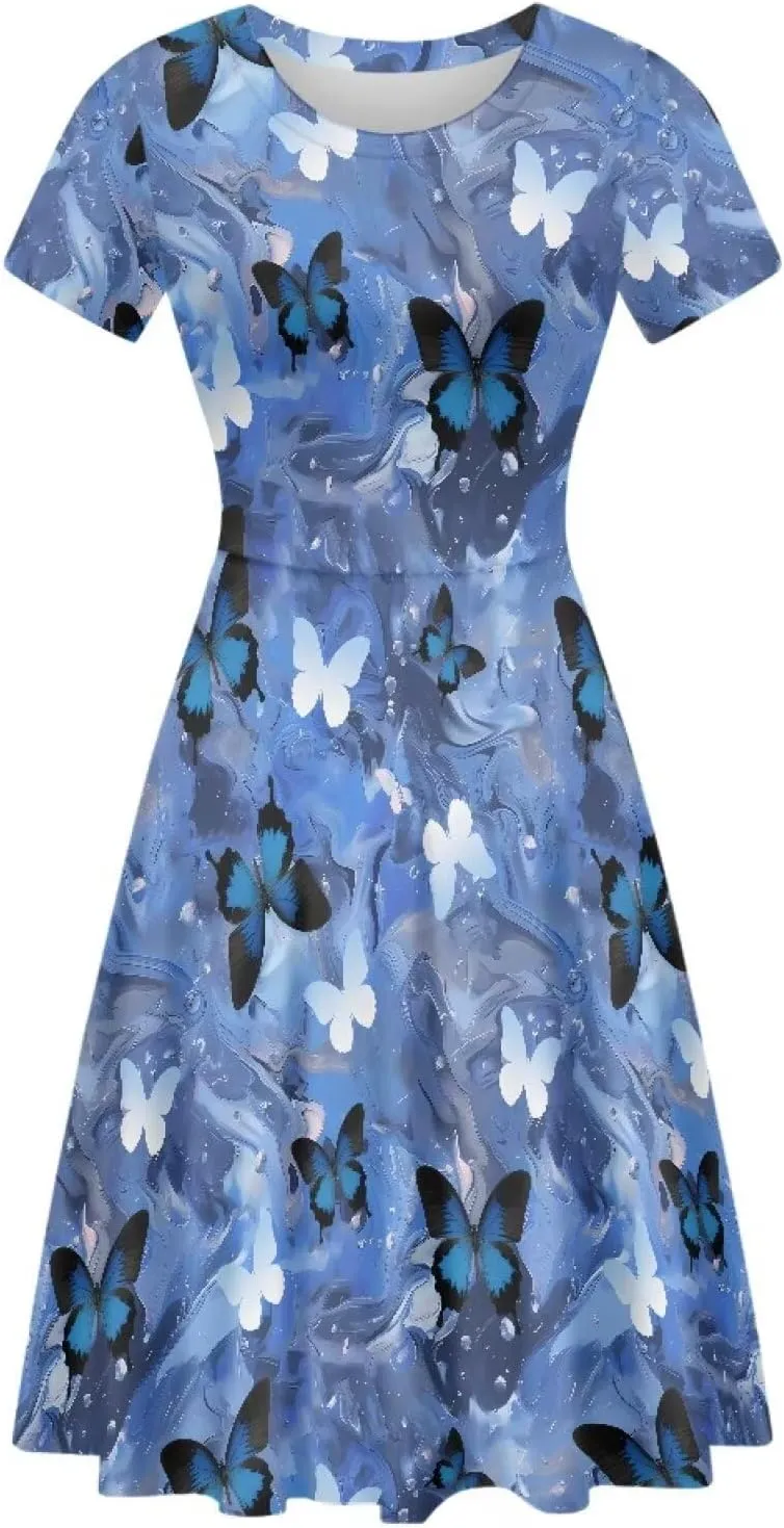 POLERO Women Puffy Swing Elegant Party Midi Dresses Short Sleeve Round Neck A-Line Dress