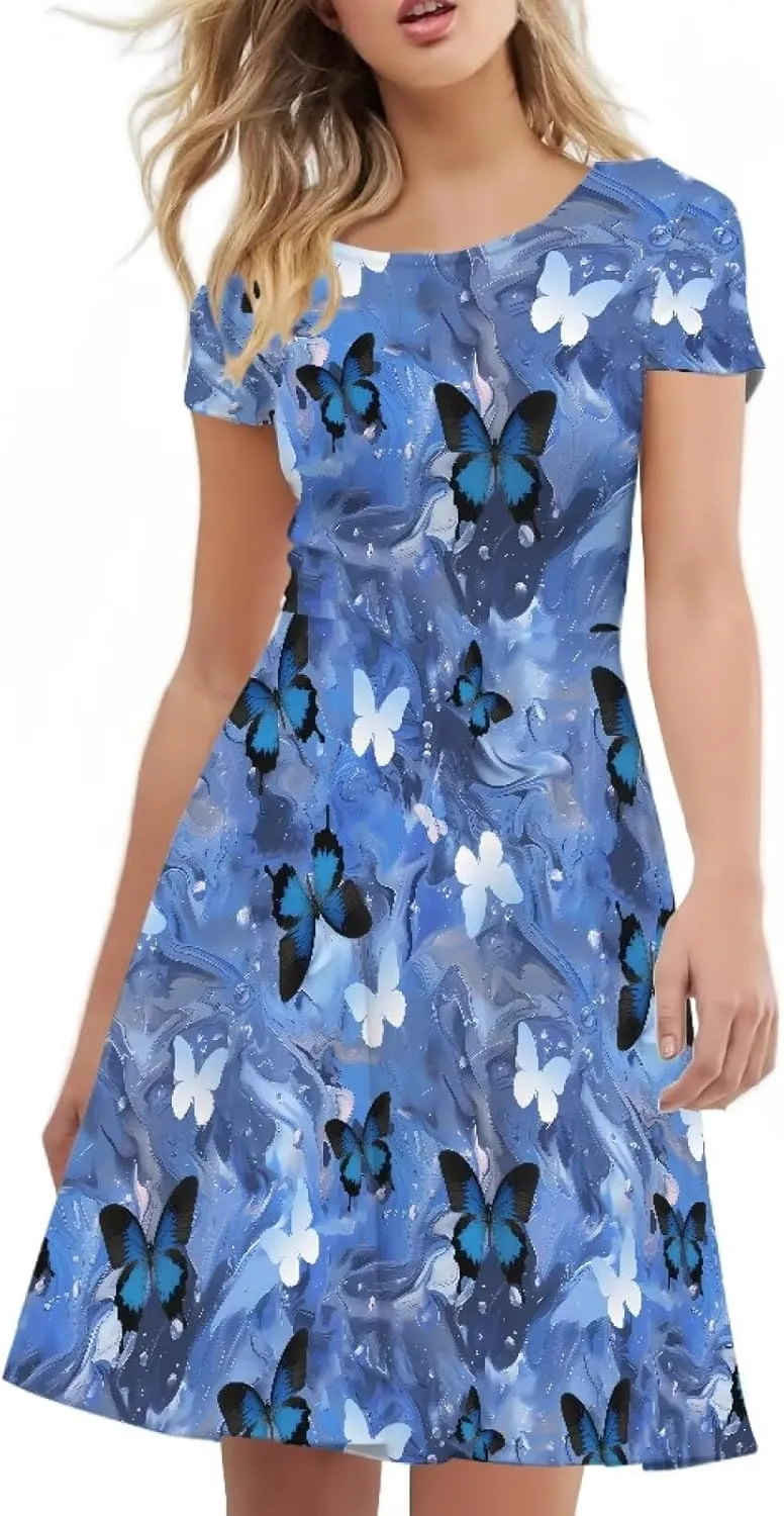 POLERO Women Puffy Swing Elegant Party Midi Dresses Short Sleeve Round Neck A-Line Dress