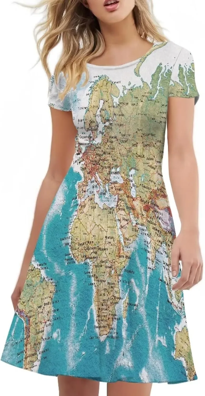 POLERO Women Puffy Swing Elegant Party Midi Dresses Short Sleeve Round Neck A-Line Dress