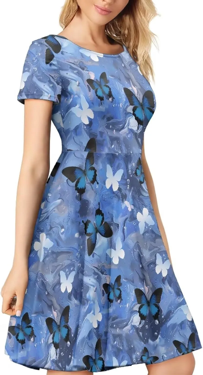 POLERO Women Puffy Swing Elegant Party Midi Dresses Short Sleeve Round Neck A-Line Dress