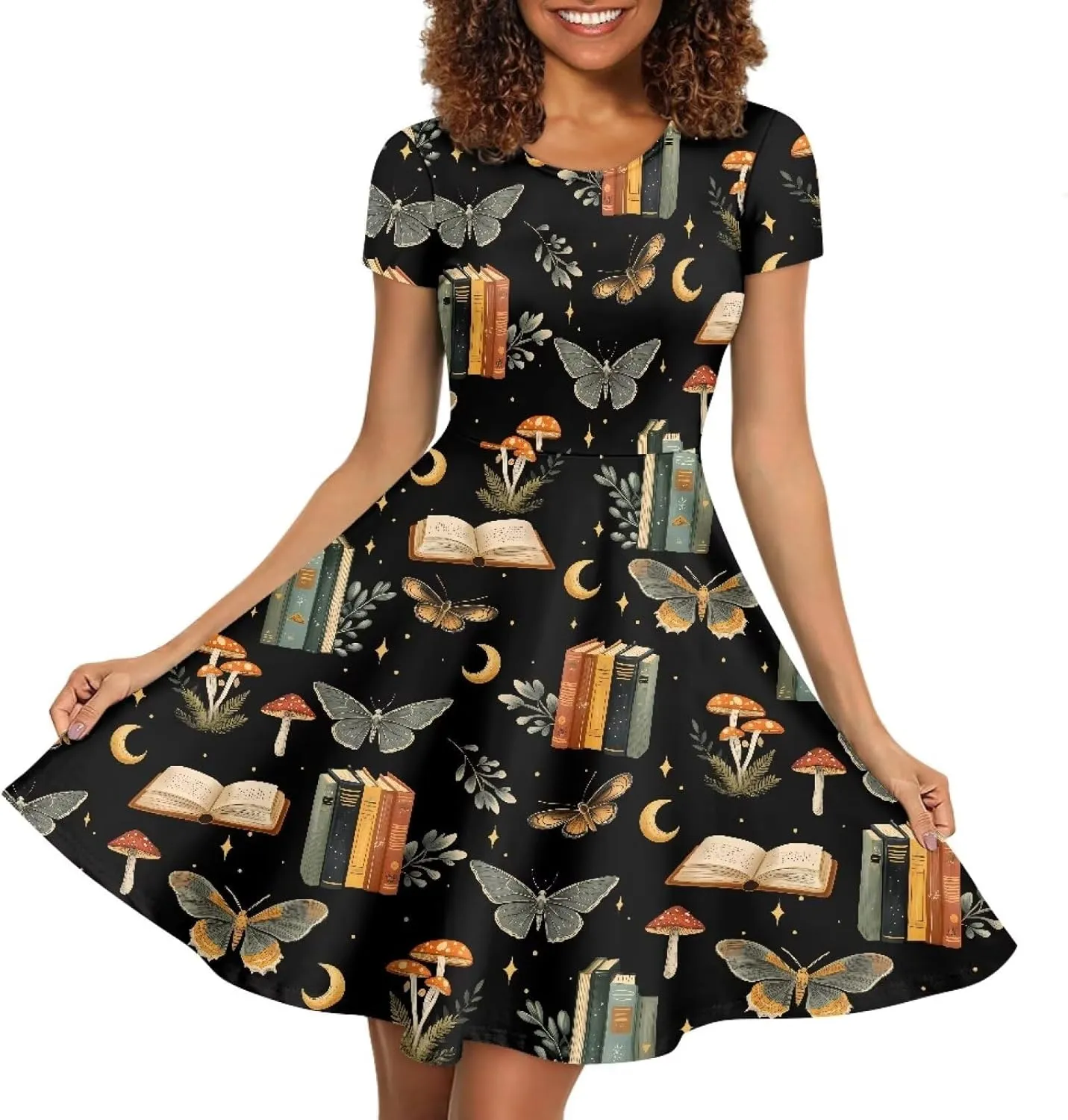 POLERO Women Puffy Swing Elegant Party Midi Dresses Short Sleeve Round Neck A-Line Dress
