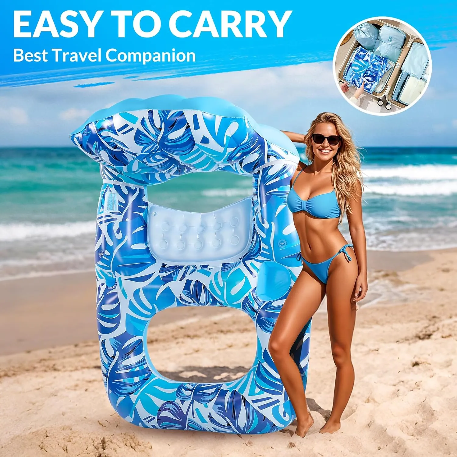 Pool Float with Canopy, Extra Large Inflatable Pool Lounger Floats with Cup Holder Backrest Foot Rest, Pool Floaties for Adults Heavy Duty, Floating Raft Chair Beach Swimming Pool Lake Water Party Toy