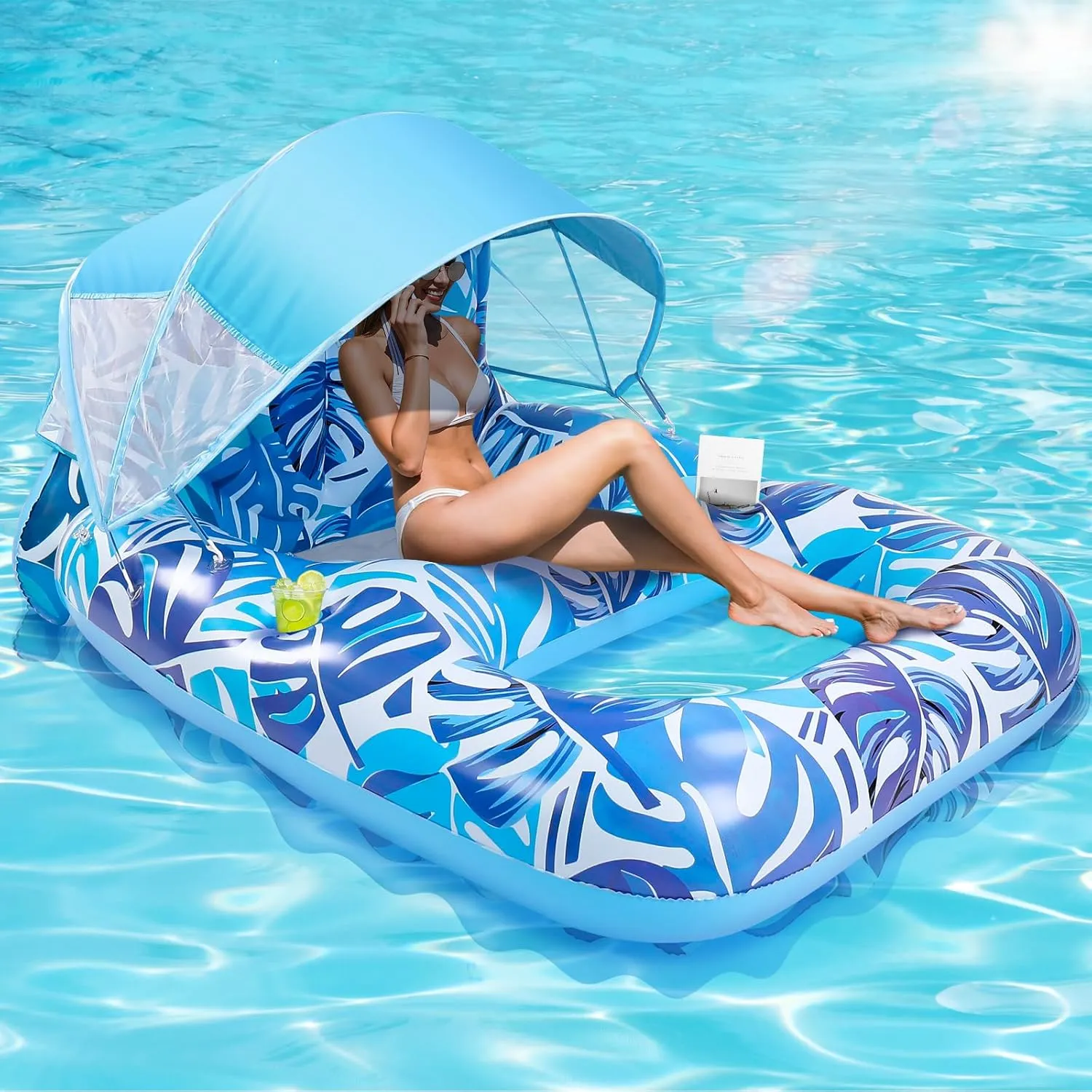 Pool Float with Canopy, Extra Large Inflatable Pool Lounger Floats with Cup Holder Backrest Foot Rest, Pool Floaties for Adults Heavy Duty, Floating Raft Chair Beach Swimming Pool Lake Water Party Toy