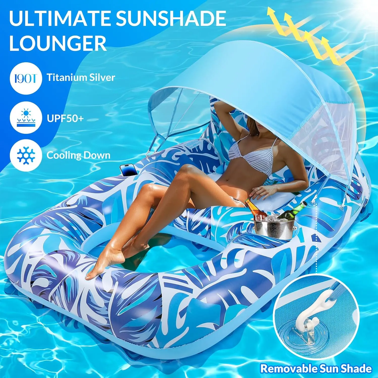 Pool Float with Canopy, Extra Large Inflatable Pool Lounger Floats with Cup Holder Backrest Foot Rest, Pool Floaties for Adults Heavy Duty, Floating Raft Chair Beach Swimming Pool Lake Water Party Toy