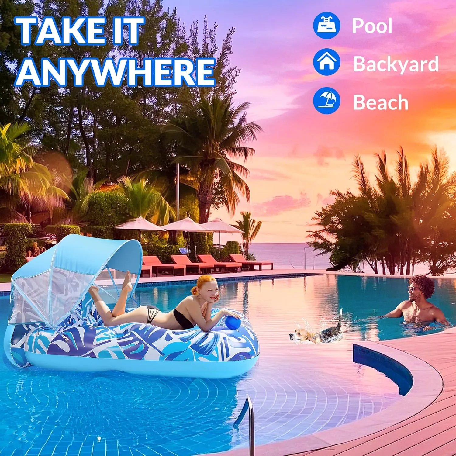 Pool Float with Canopy, Extra Large Inflatable Pool Lounger Floats with Cup Holder Backrest Foot Rest, Pool Floaties for Adults Heavy Duty, Floating Raft Chair Beach Swimming Pool Lake Water Party Toy