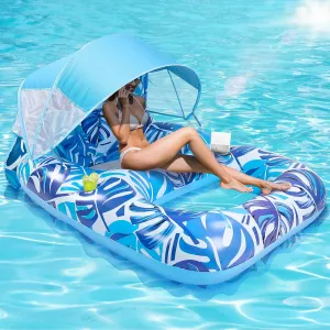 Pool Float with Canopy, Extra Large Inflatable Pool Lounger Floats with Cup Holder Backrest Foot Rest, Pool Floaties for Adults Heavy Duty, Floating Raft Chair Beach Swimming Pool Lake Water Party Toy