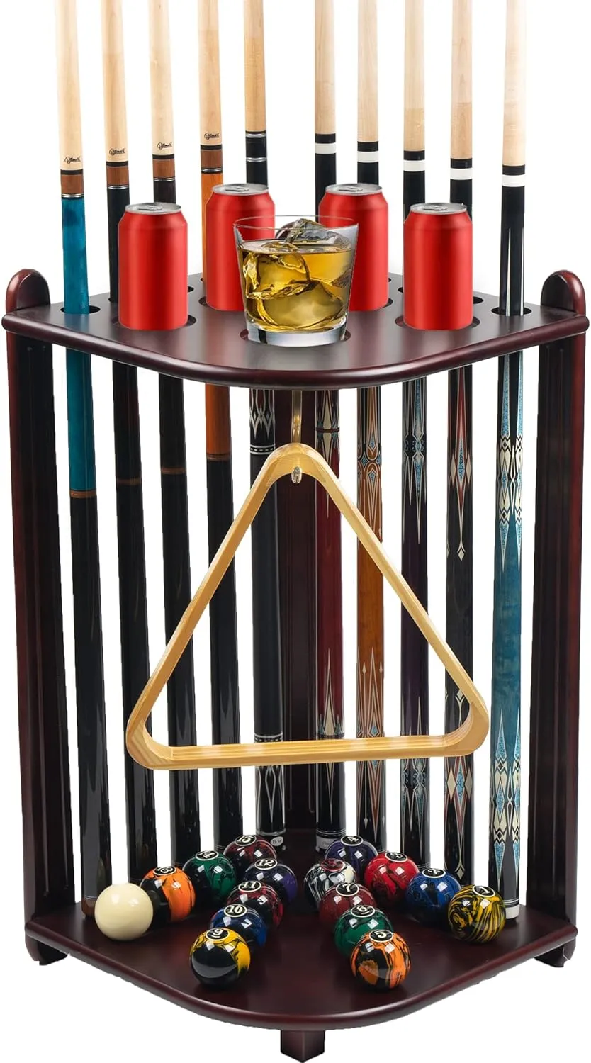Pool Stick Holder Floor Stand, 10 Cues Solid Wood Billiard Pool Cue Rack, Pool Table Accessories (Mahogany)