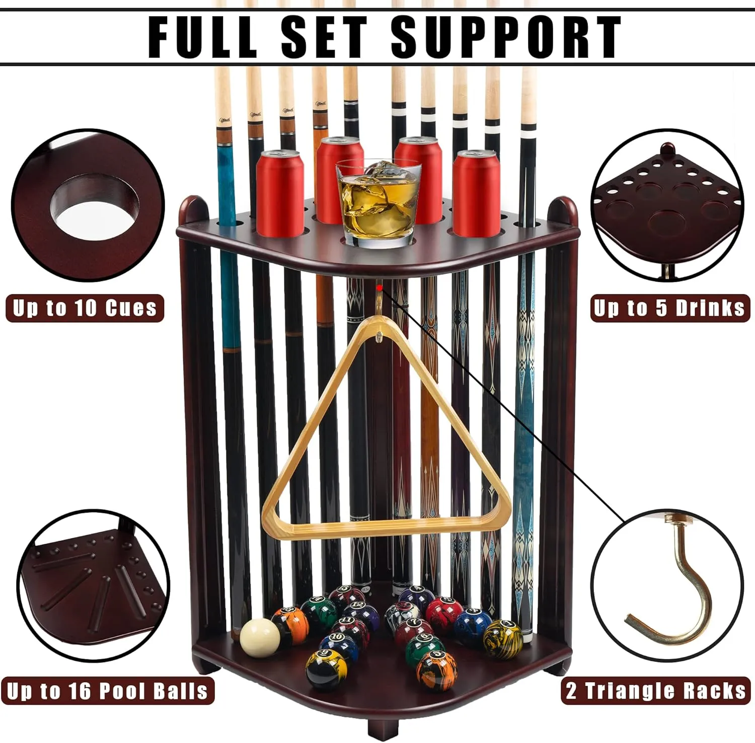 Pool Stick Holder Floor Stand, 10 Cues Solid Wood Billiard Pool Cue Rack, Pool Table Accessories (Mahogany)