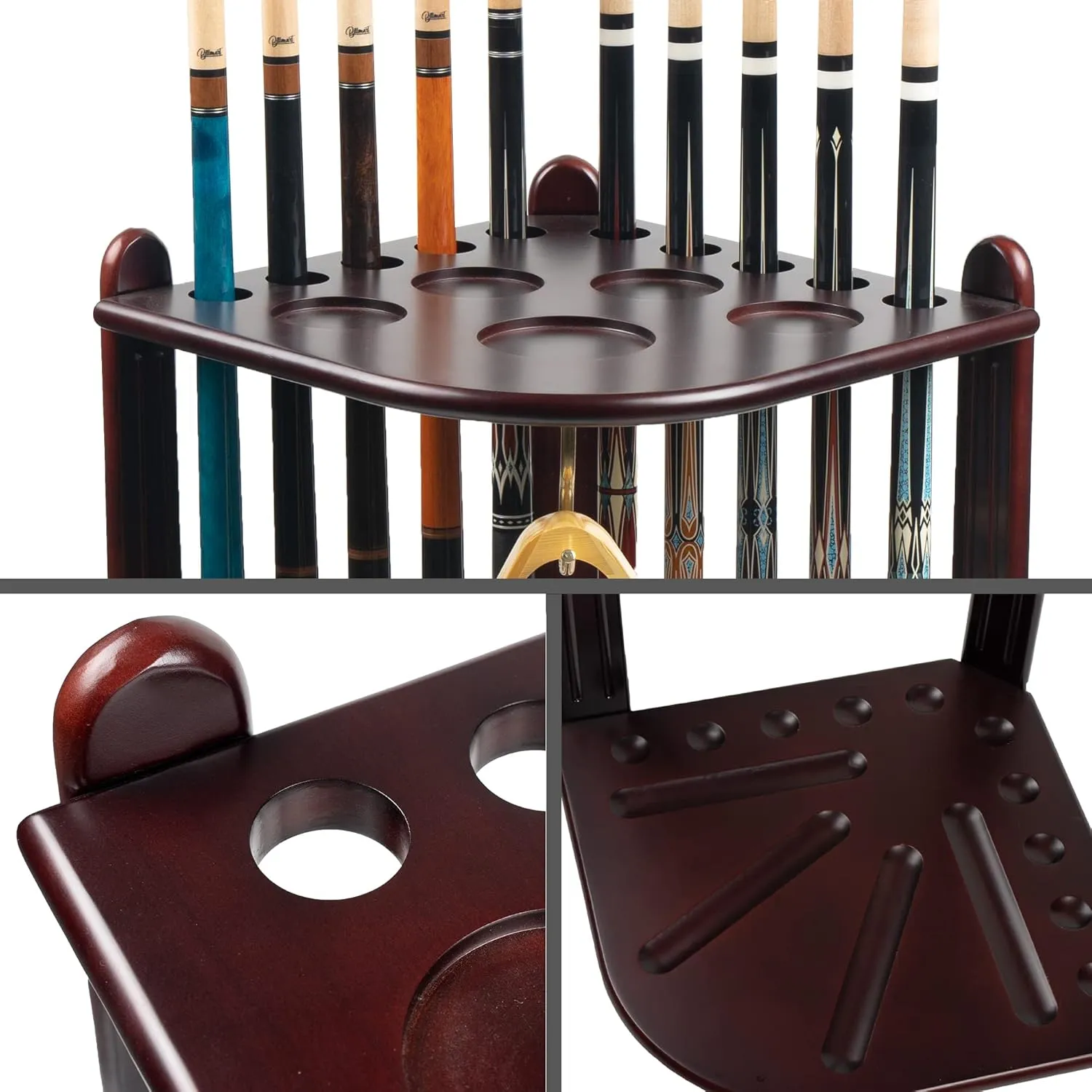Pool Stick Holder Floor Stand, 10 Cues Solid Wood Billiard Pool Cue Rack, Pool Table Accessories (Mahogany)