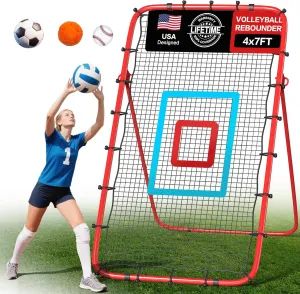 Portable Volleyball Rebounder Net 7x4 Ft, 5-Angle Adjustable Rebounder Net for Practicing Digging, Setting, Spiking, Bounce Back Training Equipment with Durable Frame, 2 Target Stripes & Travel Bag