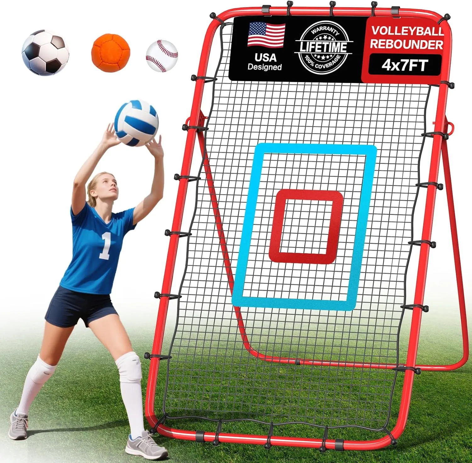 Portable Volleyball Rebounder Net 7x4 Ft, 5-Angle Adjustable Rebounder Net for Practicing Digging, Setting, Spiking, Bounce Back Training Equipment with Durable Frame, 2 Target Stripes & Travel Bag