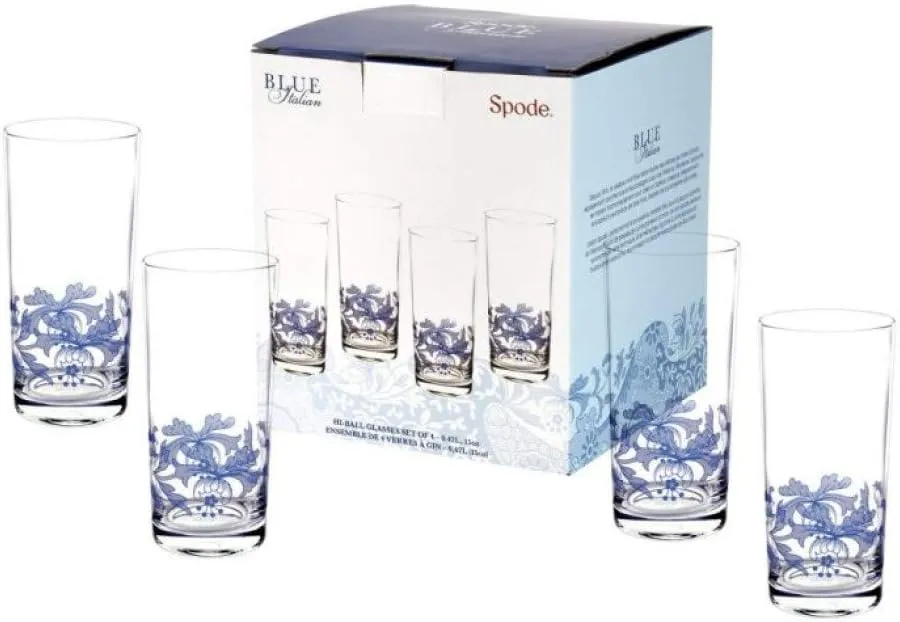 Portmeirion Spode Blue Italian Highball Glasses | Set of 4 | 15 Fluid Ounces |Glasses for Water, Cocktails, and Other Beverages | Handwash Only