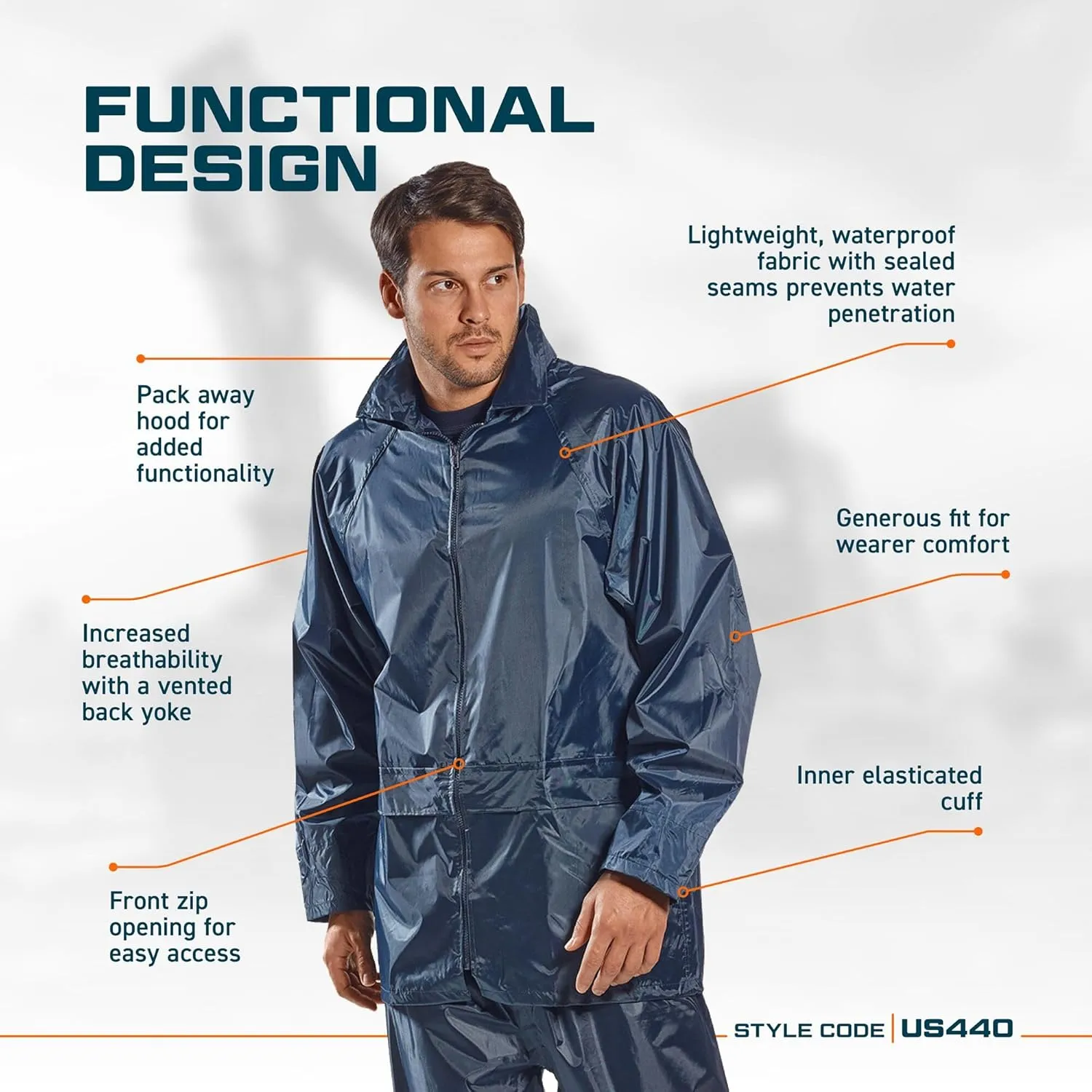 Portwest US440 Men's Waterproof Rain Jacket - Lightweight Durable Hooded Weather Protection Safety Coat Orange, X-Large
