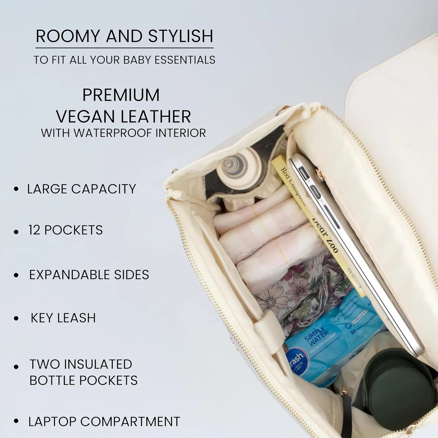 Premium Vegan Leather Diaper Bag Backpack – Large Designer Baby Bag, Stylish Diaper Backpack with Stroller & Crossbody Straps & Multiple Compartments (Ivory)