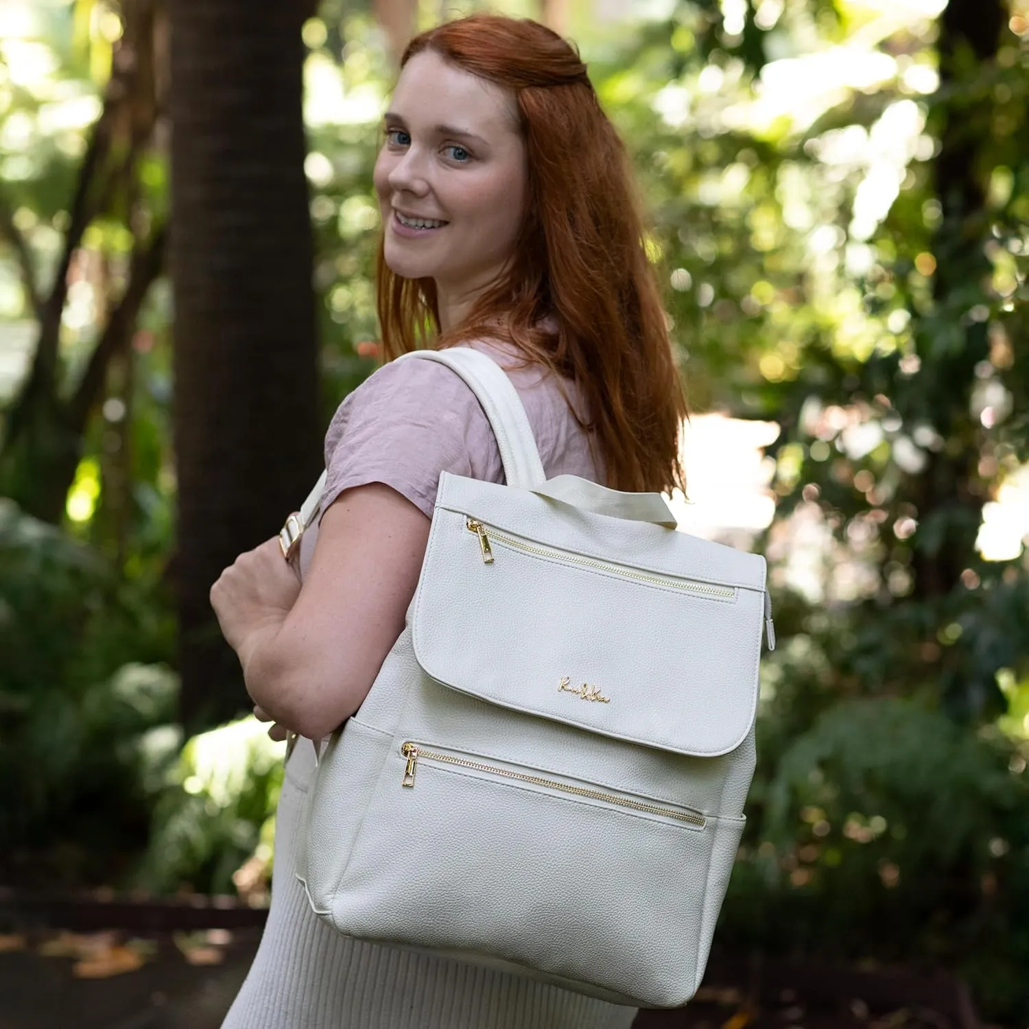 Premium Vegan Leather Diaper Bag Backpack – Large Designer Baby Bag, Stylish Diaper Backpack with Stroller & Crossbody Straps & Multiple Compartments (Ivory)