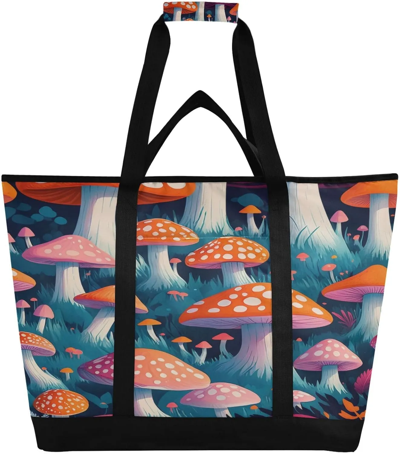 Pretty Mushroom Reusable Insulated Lunchbox Cooler Bag, Leakproof Kitchen Grocery Bag Collapsible Portable Cooler Tote Bag for Picnic, Camping, Office, Travel