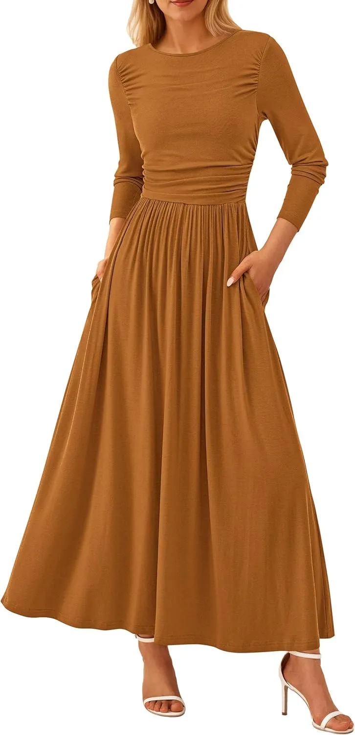 PRETTYGARDEN Women's 2025 Spring Casual Long Sleeve Maxi Dresses Crewneck Ruched A Line Flowy Elegant Modest Going Out Dress