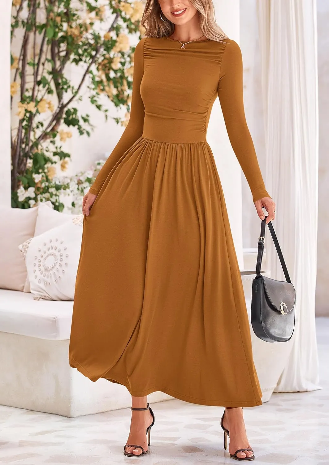 PRETTYGARDEN Women's 2025 Spring Casual Long Sleeve Maxi Dresses Crewneck Ruched A Line Flowy Elegant Modest Going Out Dress