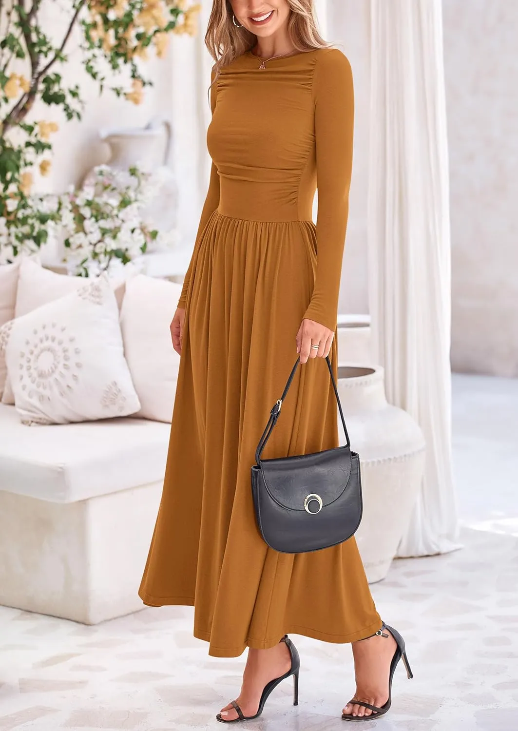 PRETTYGARDEN Women's 2025 Spring Casual Long Sleeve Maxi Dresses Crewneck Ruched A Line Flowy Elegant Modest Going Out Dress