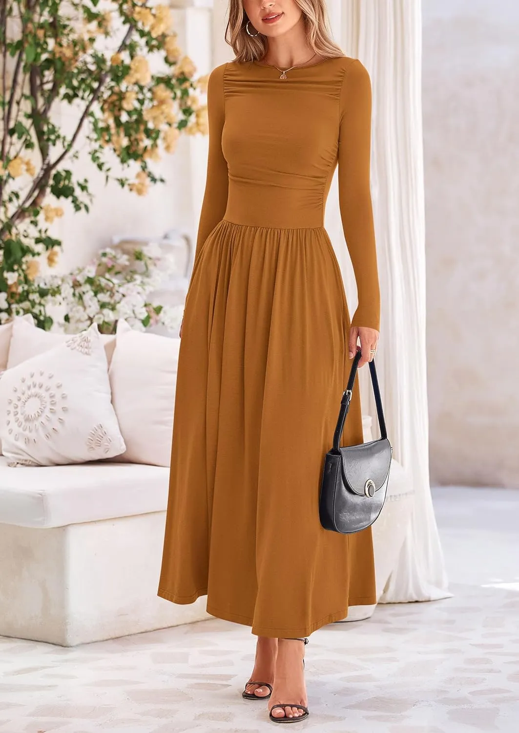 PRETTYGARDEN Women's 2025 Spring Casual Long Sleeve Maxi Dresses Crewneck Ruched A Line Flowy Elegant Modest Going Out Dress