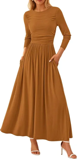 PRETTYGARDEN Women's 2025 Spring Casual Long Sleeve Maxi Dresses Crewneck Ruched A Line Flowy Elegant Modest Going Out Dress