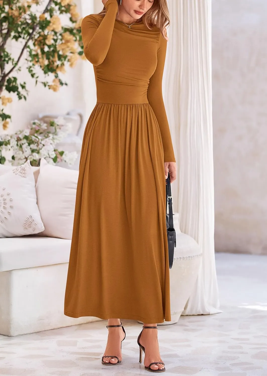 PRETTYGARDEN Women's 2025 Spring Casual Long Sleeve Maxi Dresses Crewneck Ruched A Line Flowy Elegant Modest Going Out Dress