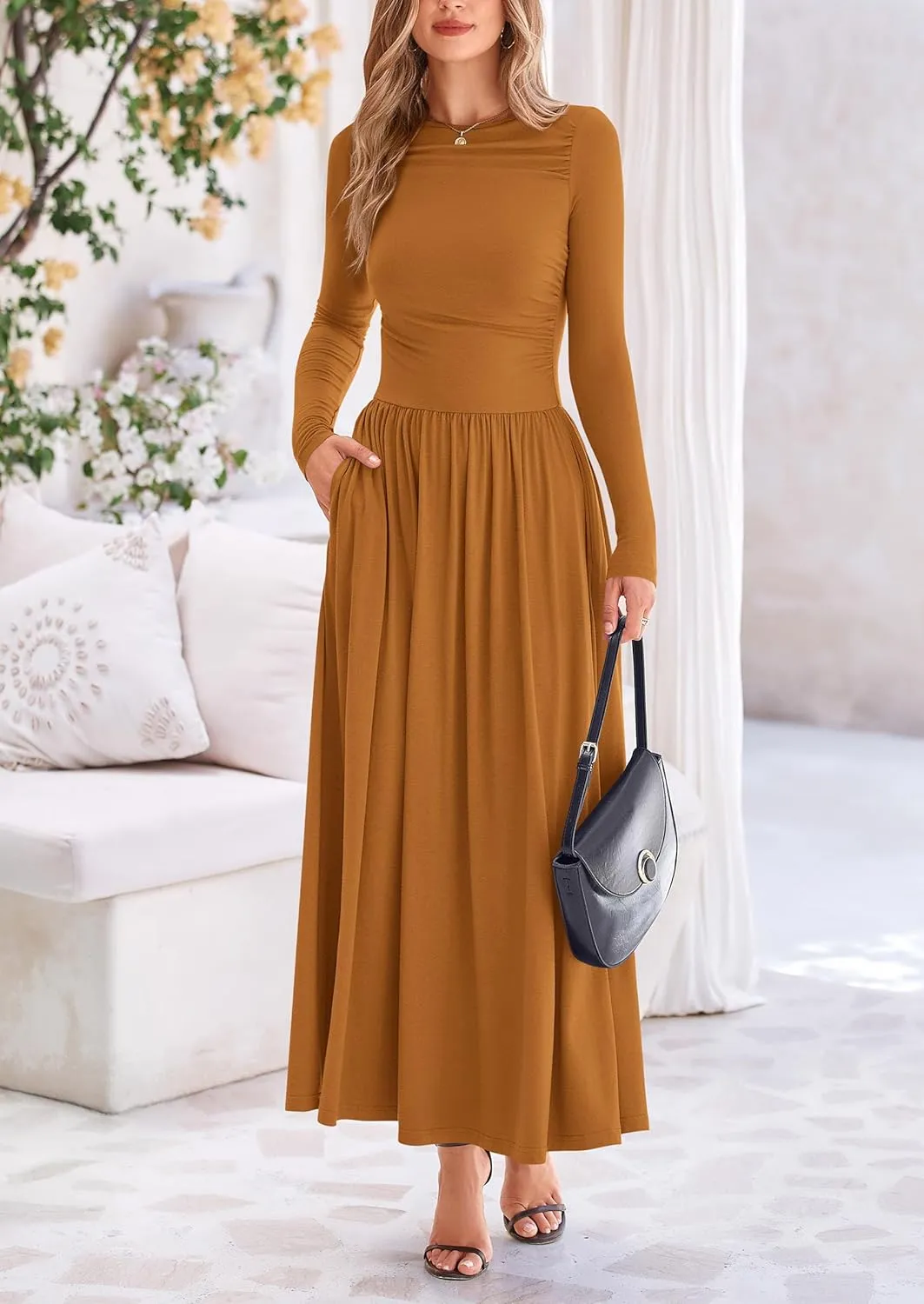 PRETTYGARDEN Women's 2025 Spring Casual Long Sleeve Maxi Dresses Crewneck Ruched A Line Flowy Elegant Modest Going Out Dress