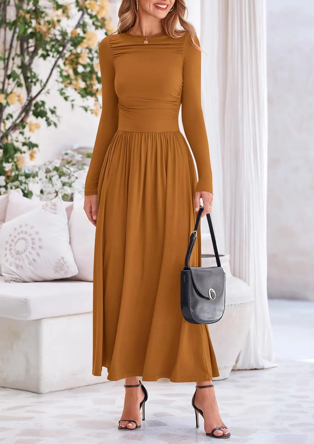 PRETTYGARDEN Women's 2025 Spring Casual Long Sleeve Maxi Dresses Crewneck Ruched A Line Flowy Elegant Modest Going Out Dress