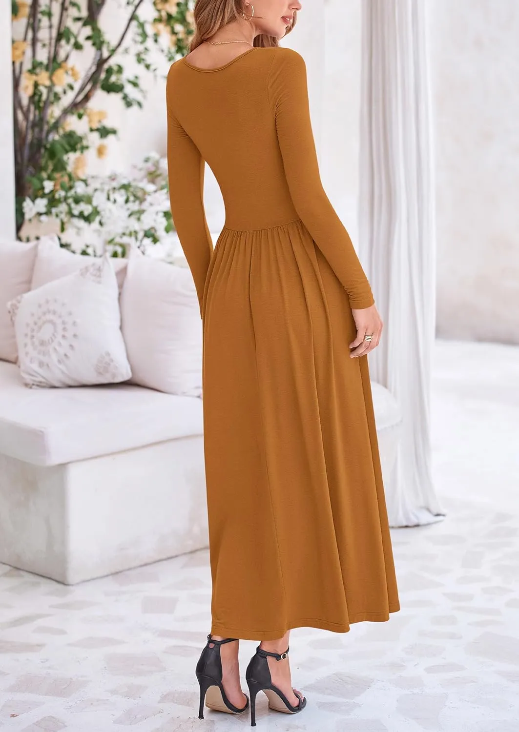PRETTYGARDEN Women's 2025 Spring Casual Long Sleeve Maxi Dresses Crewneck Ruched A Line Flowy Elegant Modest Going Out Dress